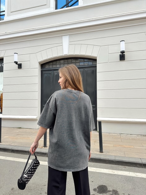 Yıkamalı Bisiklet Yaka Tshirt Füme