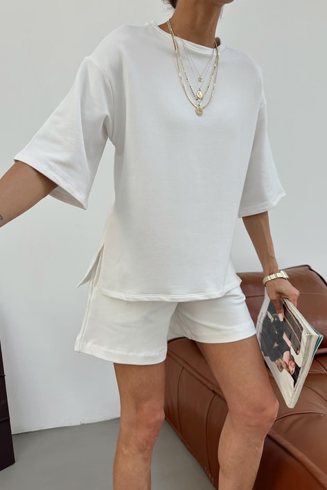 Yırtmaçlı Modal Tshirt Beyaz