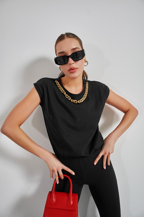 Zincirli Elastik Tshirt Siyah