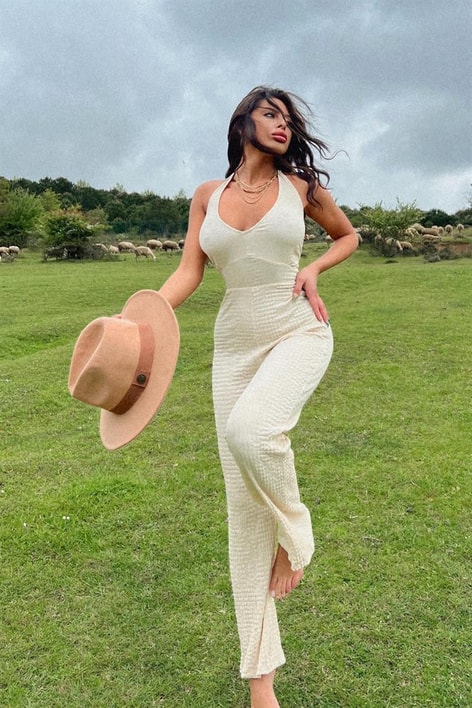 Boyundan Bağlamalı Gofre Tulum Krem