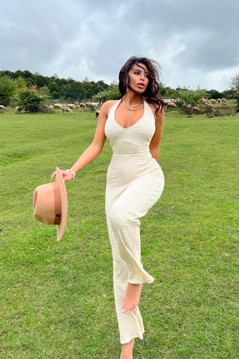 Boyundan Bağlamalı Gofre Tulum Krem