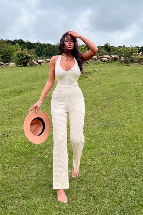 Boyundan Bağlamalı Gofre Tulum Krem