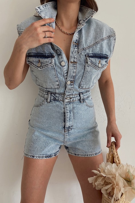 Çok Cepli Mini Denim Tulum Buz Mavi