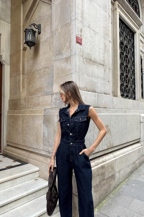 Düğmeli Kot Tulum Lacivert