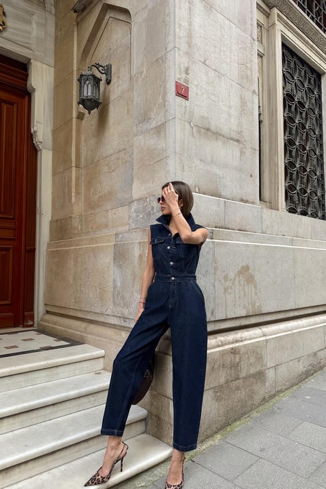 Düğmeli Kot Tulum Lacivert