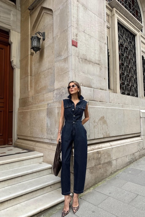 Düğmeli Kot Tulum Lacivert