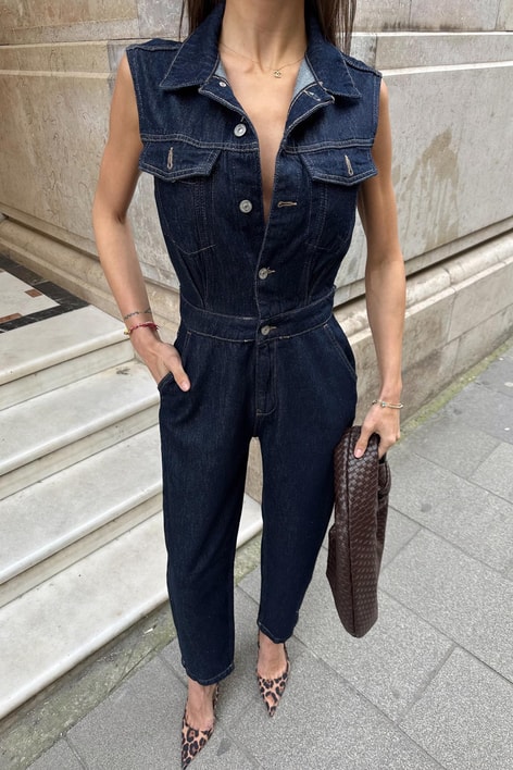 Düğmeli Kot Tulum Lacivert