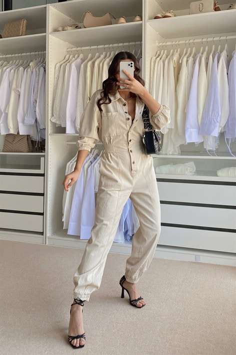 Elastik Belli Denim Tulum Taş