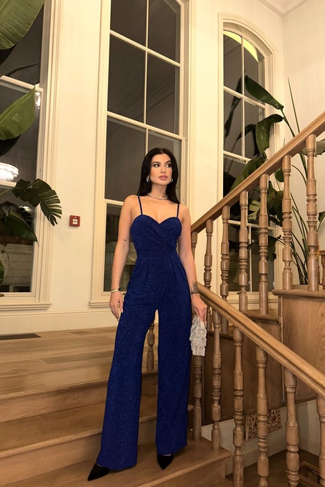 İp Askılı Dekolte Tulum Saks Mavisi