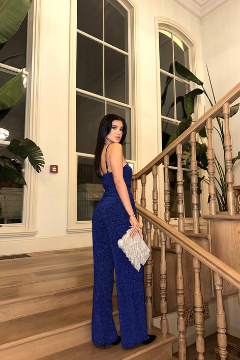 İp Askılı Dekolte Tulum Saks Mavisi