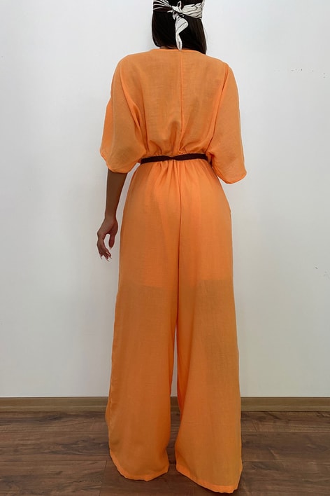 Kruvaze Yaka Kemerli Tulum Oranj