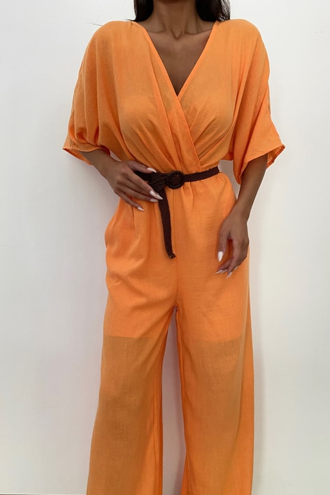 Kruvaze Yaka Kemerli Tulum Oranj