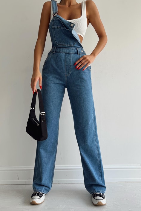 Ön Cepli Düğme Detay Denim Tulum Mavi