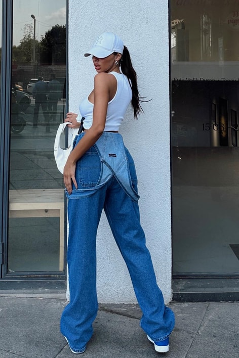 Ön Cepli Düğme Detay Denim Tulum Mavi