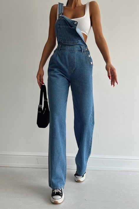 Ön Cepli Düğme Detay Denim Tulum Mavi