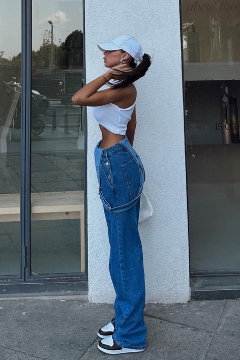 Ön Cepli Düğme Detay Denim Tulum Mavi