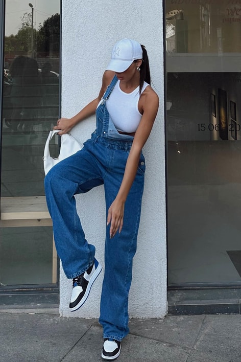 Ön Cepli Düğme Detay Denim Tulum Mavi