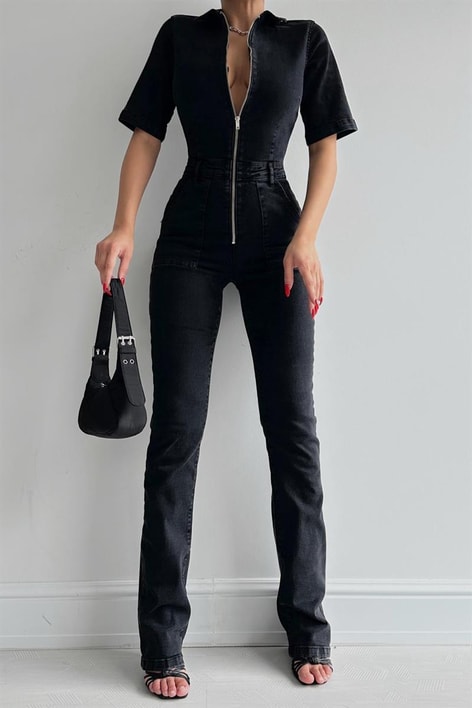 Straight Ön Cepli Denim Tulum Siyah