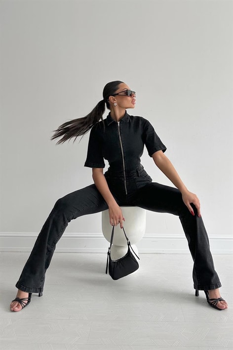 Straight Ön Cepli Denim Tulum Siyah