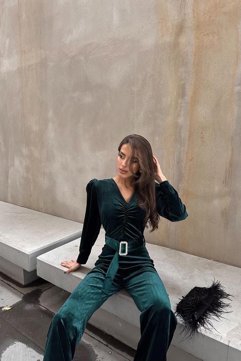 Velvet Büzgülü Tulum Zümrüt Yeşili