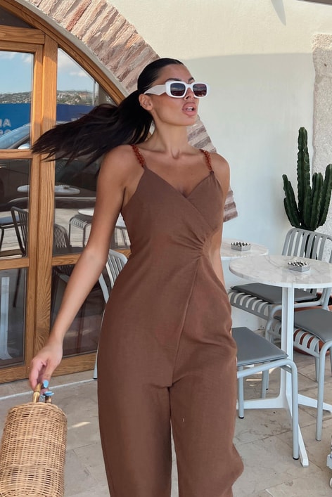 Zincir Askılı Keten Tulum Kahve