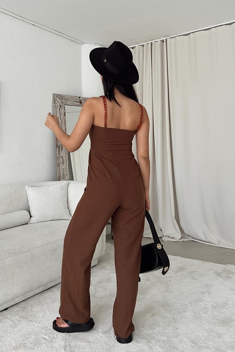 Zincir Askılı Keten Tulum Kahve