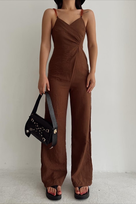 Zincir Askılı Keten Tulum Kahve