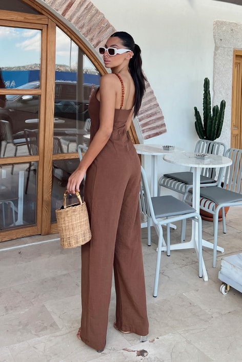 Zincir Askılı Keten Tulum Kahve