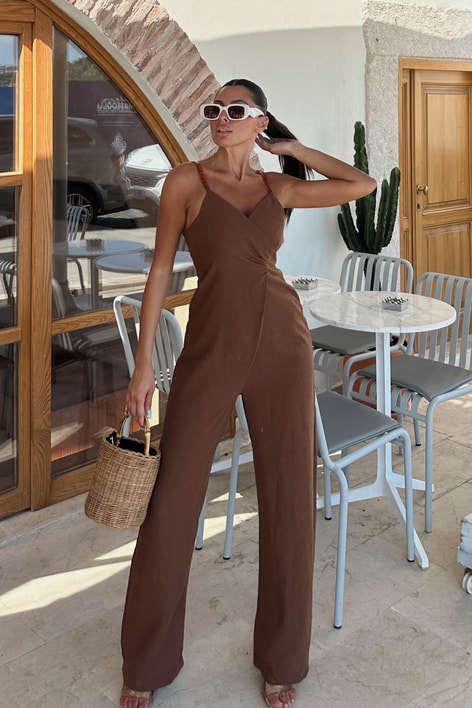 Zincir Askılı Keten Tulum Kahve