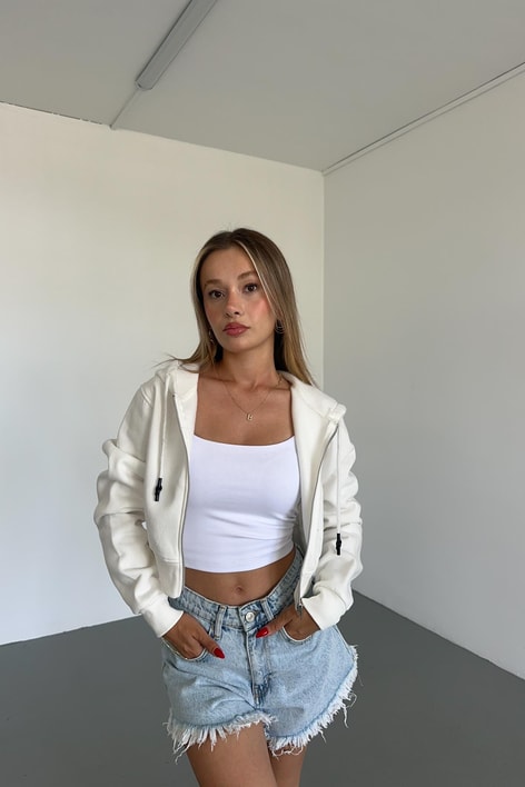 Fermuarlı Crop Hırka Beyaz