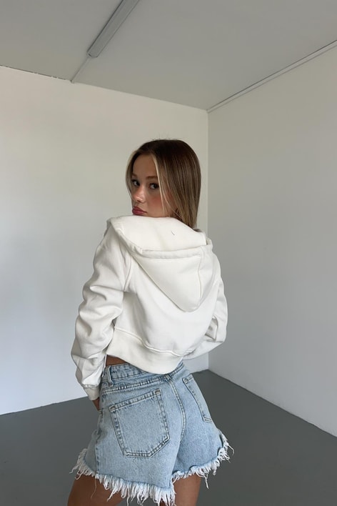 Fermuarlı Crop Hırka Beyaz