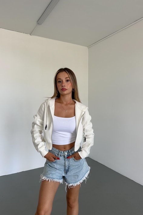 Fermuarlı Crop Hırka Beyaz