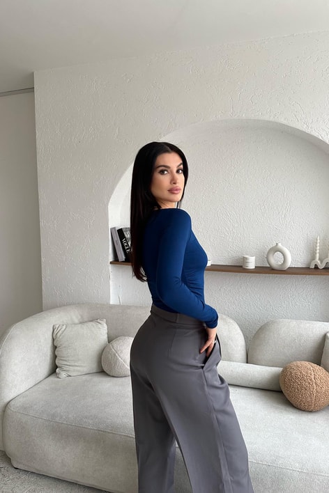 Yan Büzgülü Trend Dik Yaka Bluz İndigo