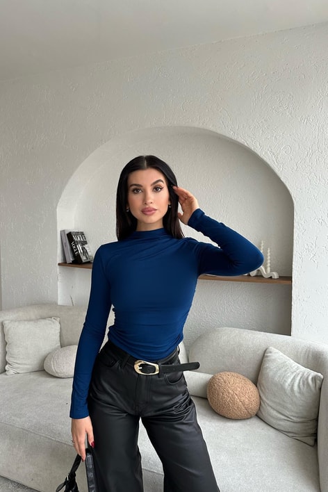 Yan Büzgülü Trend Dik Yaka Bluz İndigo