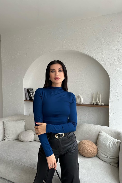 Yan Büzgülü Trend Dik Yaka Bluz İndigo