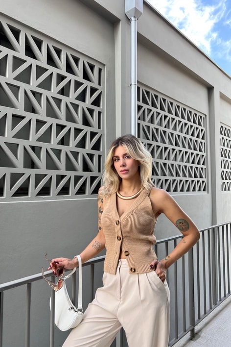 Casual Triko Yelek Camel