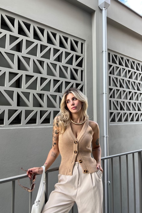 Casual Triko Yelek Camel