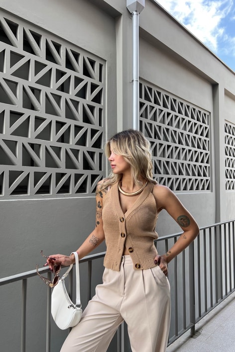 Casual Triko Yelek Camel