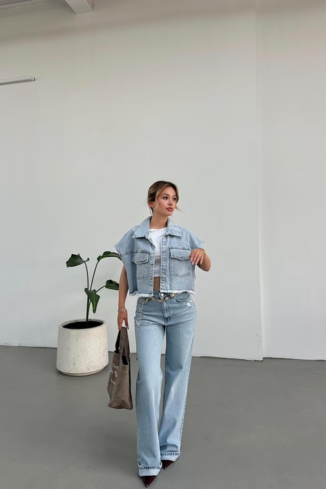 Cepli Denim Yelek Buz Mavi