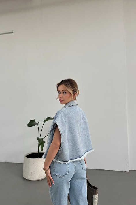 Cepli Denim Yelek Buz Mavi