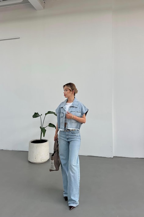 Cepli Denim Yelek Buz Mavi