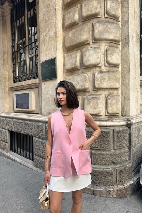Çift Cepli Yelek Pembe