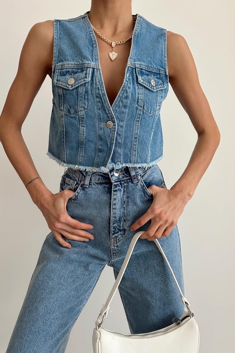 Crop Denim Yelek Mavi