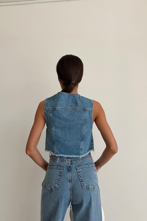 Crop Denim Yelek Mavi