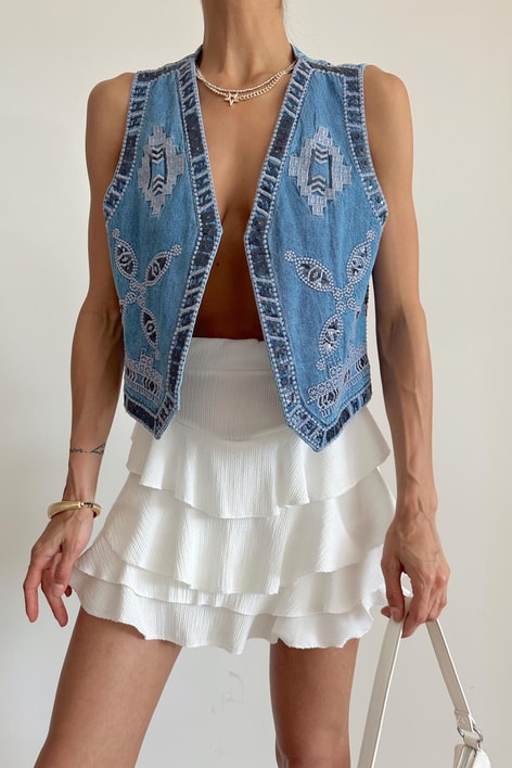 Etnik Denim Yelek Mavi