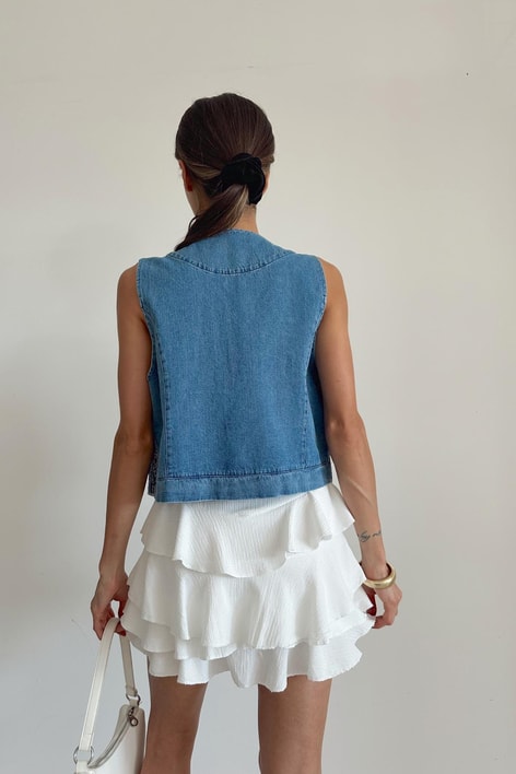 Etnik Denim Yelek Mavi