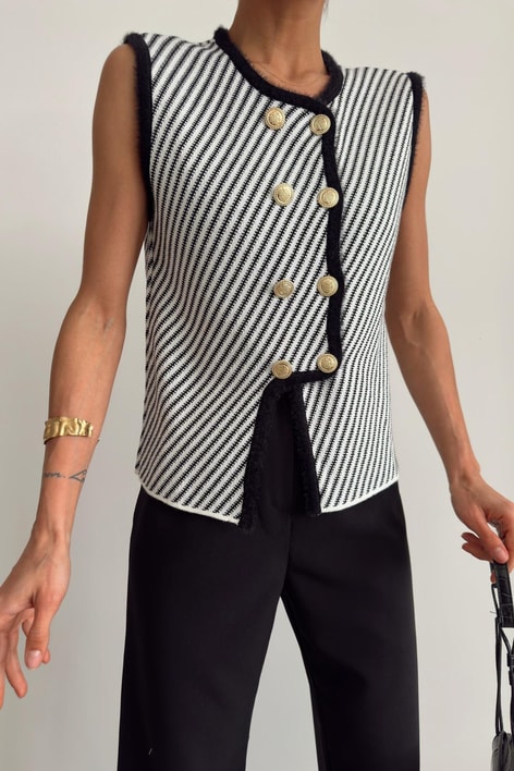 Gold Düğme Zikzak Yelek Siyah