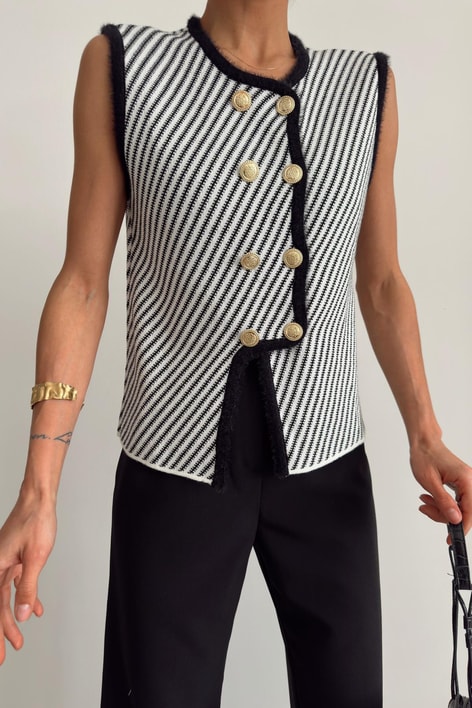 Gold Düğme Zikzak Yelek Siyah