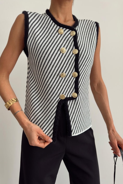Gold Düğme Zikzak Yelek Siyah