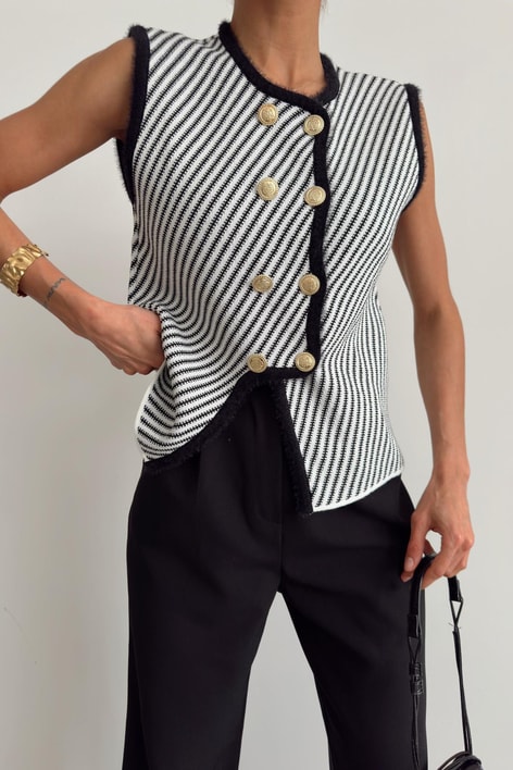 Gold Düğme Zikzak Yelek Siyah